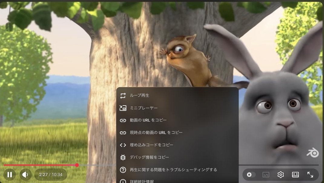 YouTube動画上で1回目の右クリックで表示されるメニュー。ループ再生やミニプレーヤーなどの項目が並んでいる