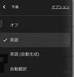 YouTubeの字幕選択パネル。「オフ」「英語」「英語(自動生成)」に加え、一番下に「自動翻訳」の選択肢が表示されている